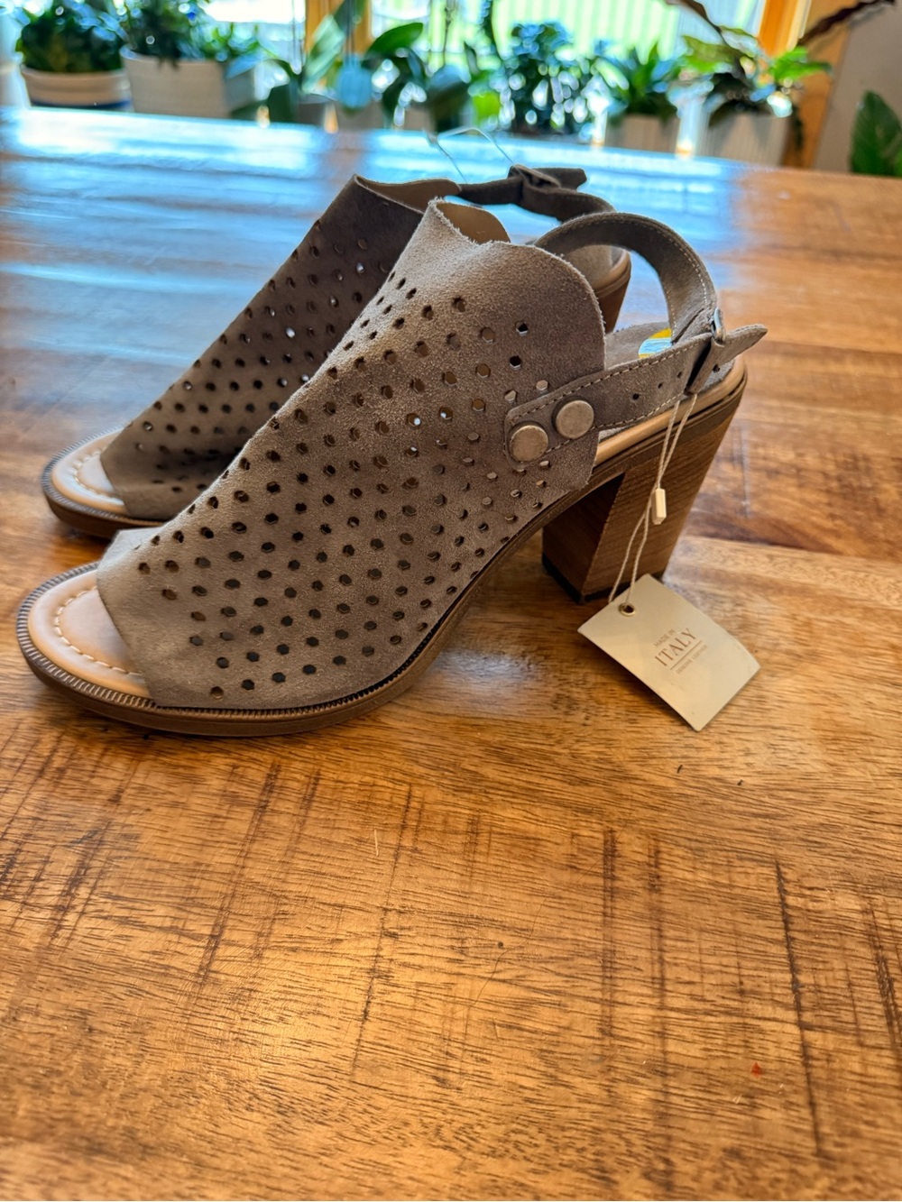 Perforated Taupe Suede Slingback Block Heel Sandals
